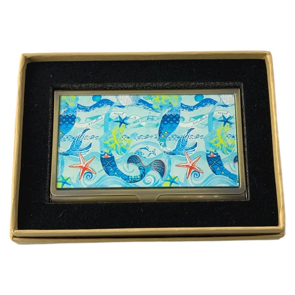 Mermaids & Starfish Business Card Holder Nautical, Brass & Glass Case, Gift Box - Picture 3 of 5